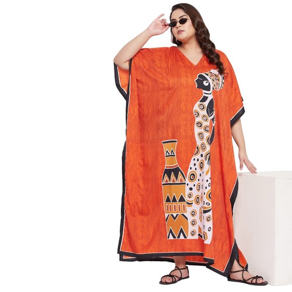 Women Plus Size Fit and Flare Tribal Printed Orange Kaftan Dress by Gypsie Blu - Picture 1 of 7